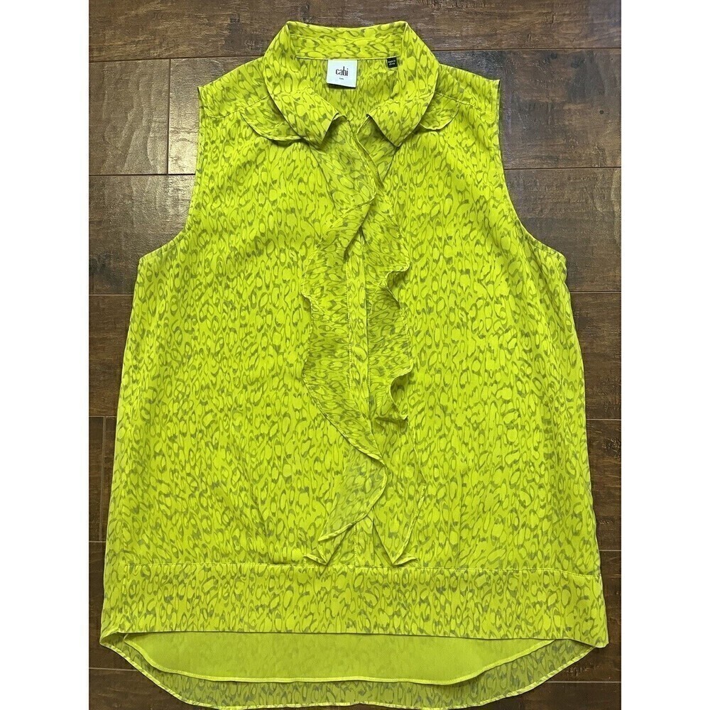 CAbi Printed Chartreuse Reign Blouse Top Ruffle Sz Small
